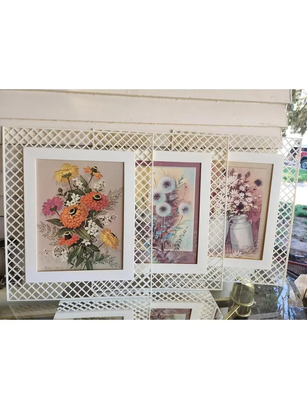 Vintage Framed Retro Floral Lithographs in Plastic Lattice Style Frames